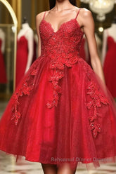 A Line V Neck Short Red Lace Semi Formal Prom Dresses, Short Red Lace Formal Homecoming Dresses